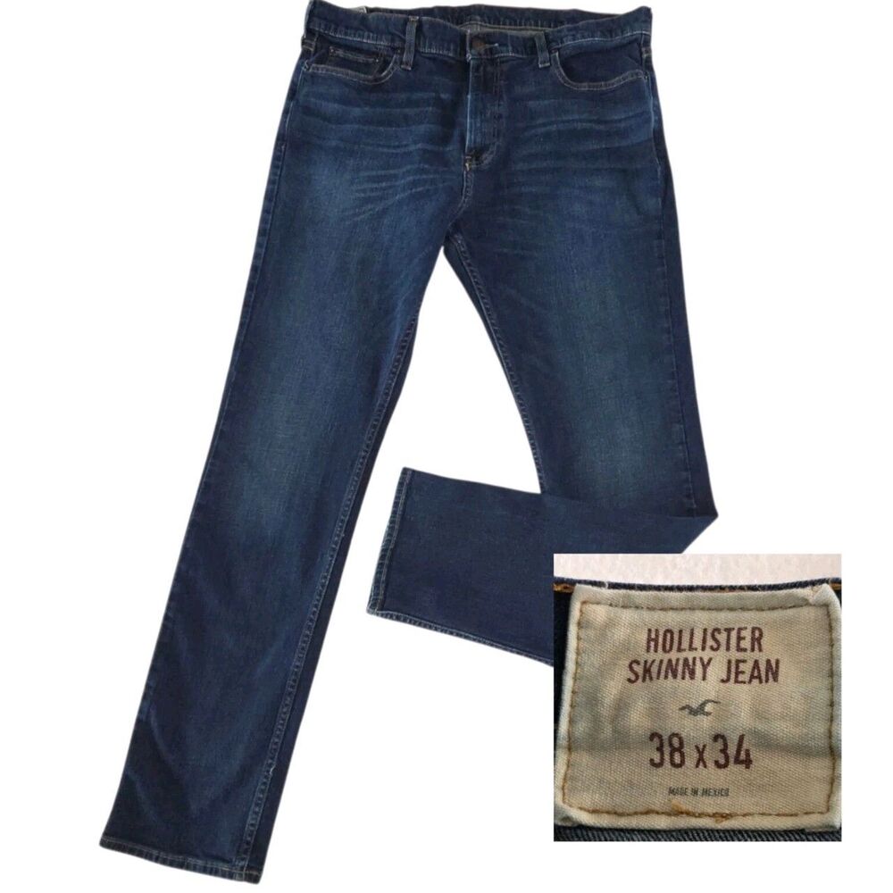 Hollister Men's Skinny Stretch Jeans Blue Whiskered Denim Size 38x34